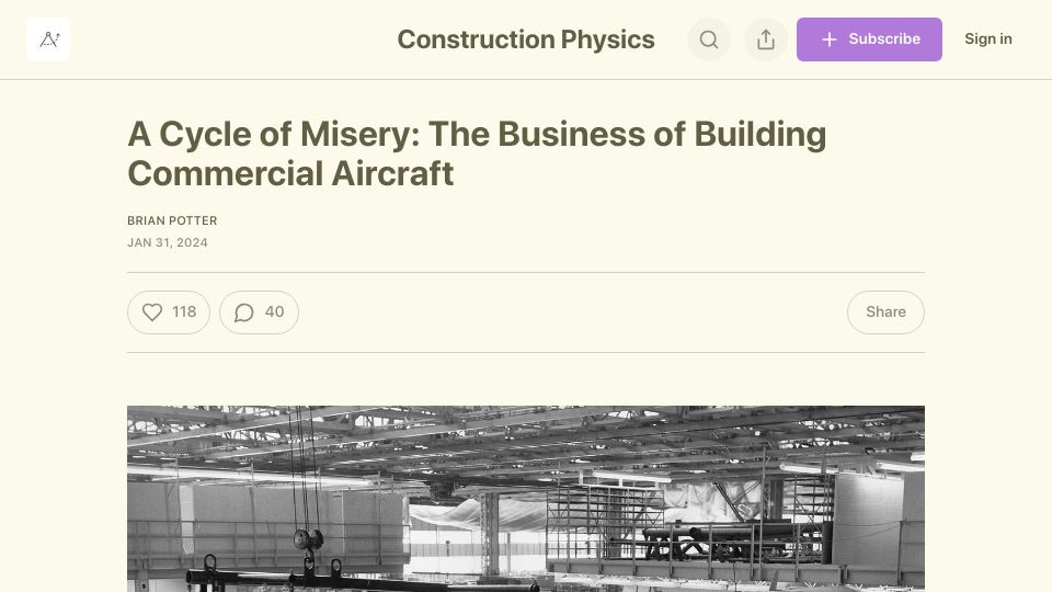 Screenshot of construction-physics.com: A Cycle of Misery: The business of building commercial aircraft