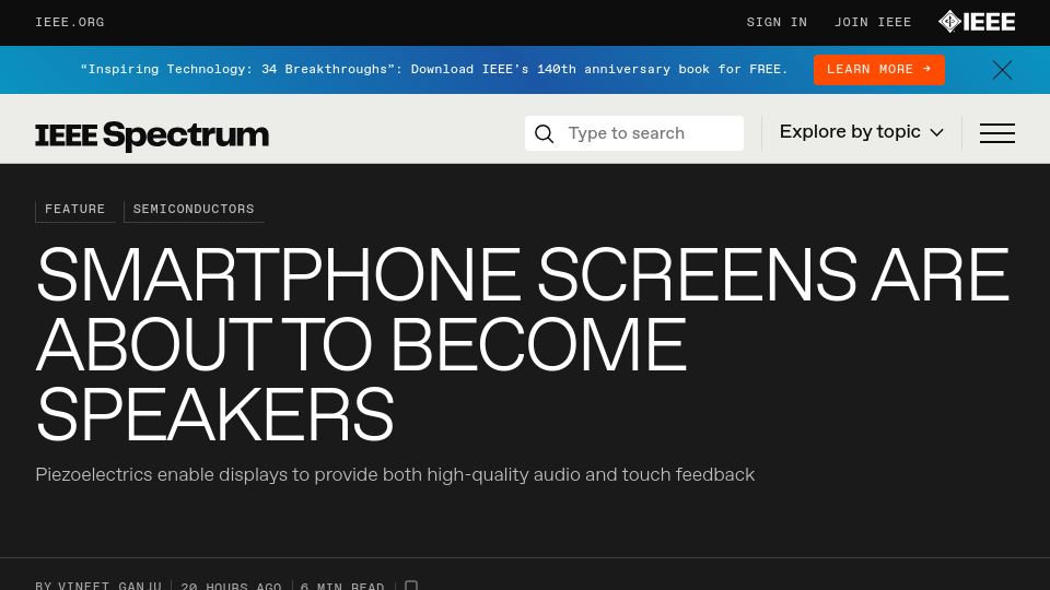 Screenshot of spectrum.ieee.org: Piezoelectrics enable displays to provide both audio and touch feedback
