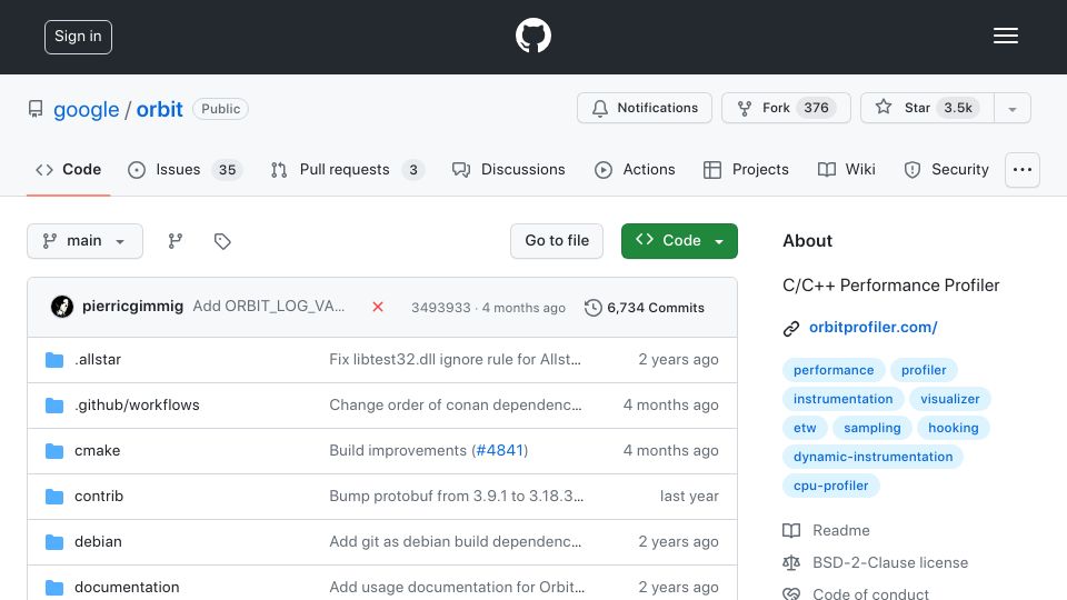 Screenshot of github.com: Orbit: C/C++ Performance Profiler