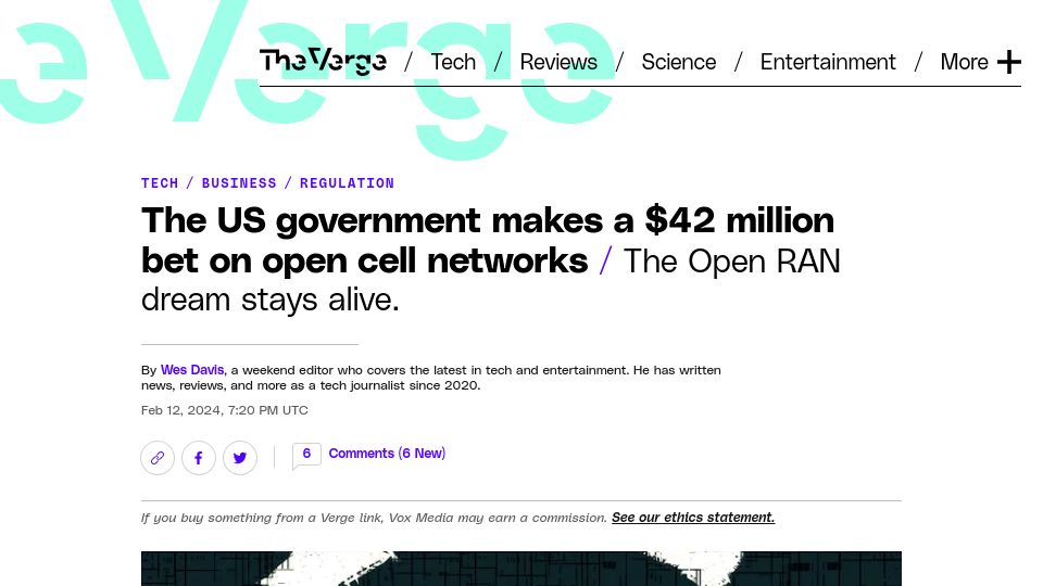 Screenshot of theverge.com: US Government makes $42M bet on open cell networks: Open RAN dream stays alive