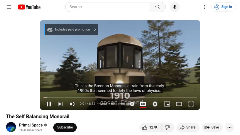 Screenshot of youtube.com: The Brennan self-balancing monorail [video]