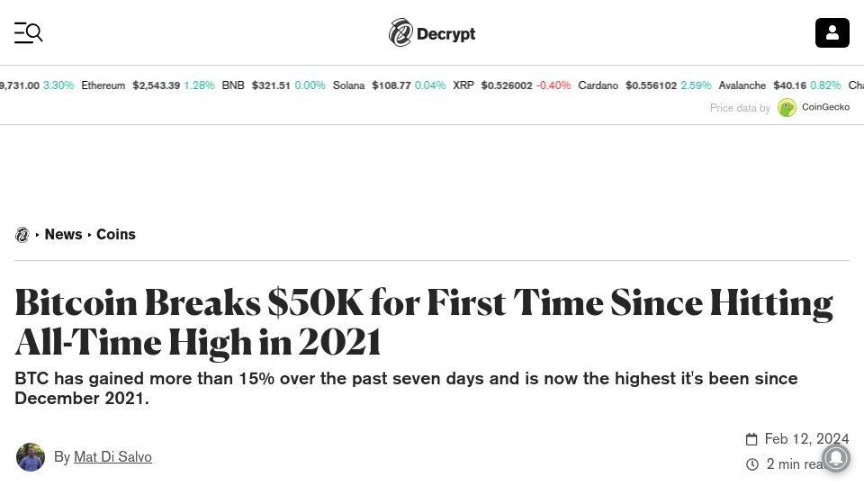 Screenshot of decrypt.co: Bitcoin Breaks $50K for First Time Since Hitting All-Time High in 2021