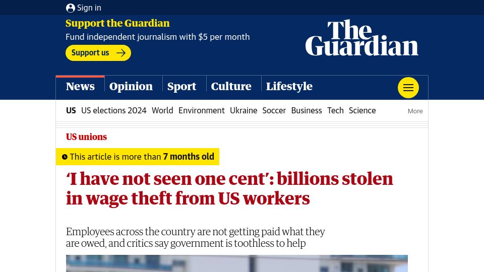 Screenshot of theguardian.com: 'I have not seen one cent': billions stolen in wage theft from US workers