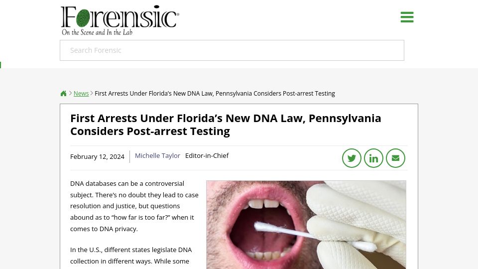 Screenshot of forensicmag.com: First Arrests Under Florida's New DNA Law, Pennsylvania Also Considers Testing