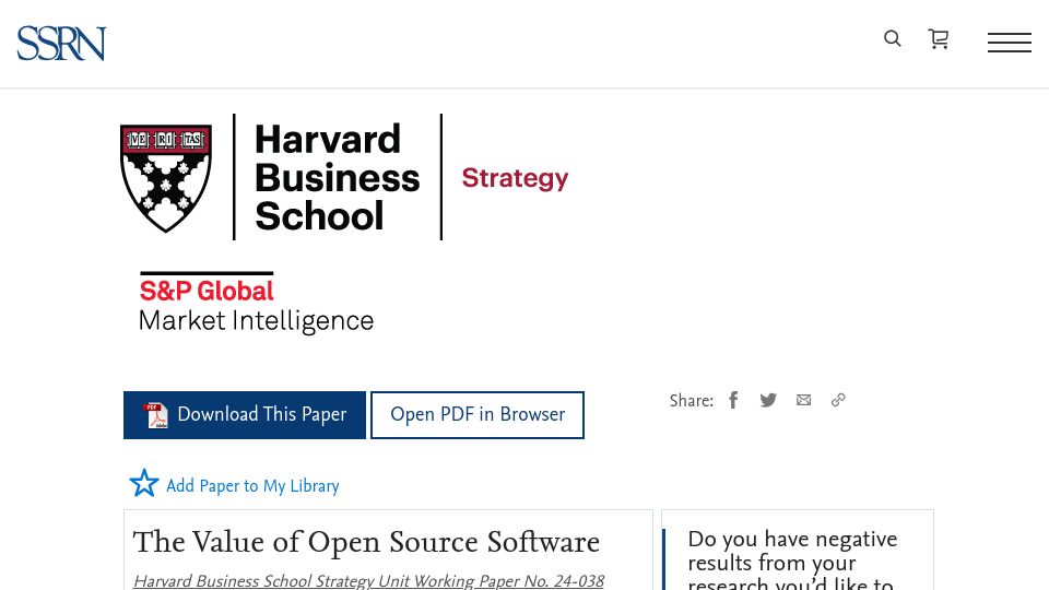 Screenshot of papers.ssrn.com: The Value of Open Source Software