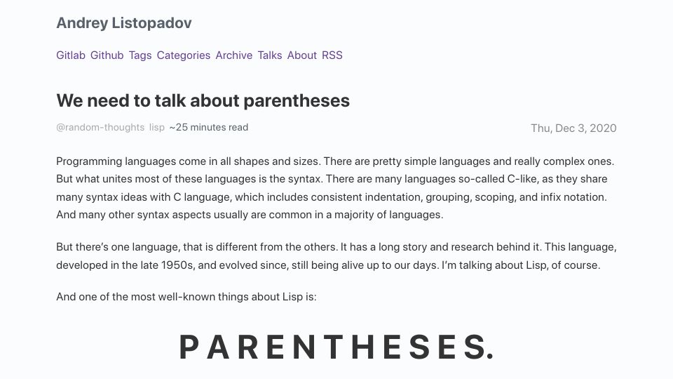Screenshot of andreyor.st: We need to talk about parentheses (2020)