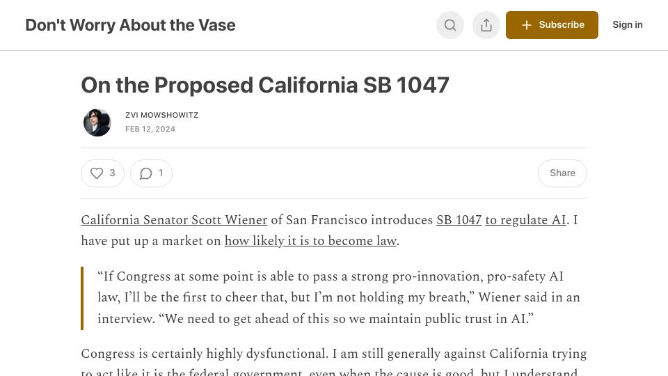 Screenshot of thezvi.substack.com: On the Proposed California SB 1047