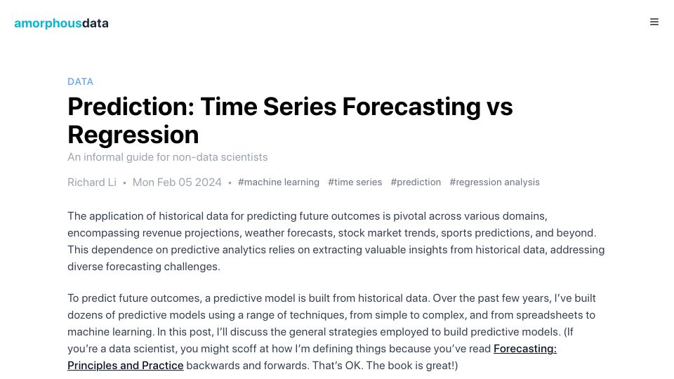 Screenshot of amorphousdata.com: Time Series Forecasting vs Regression: An informal guide