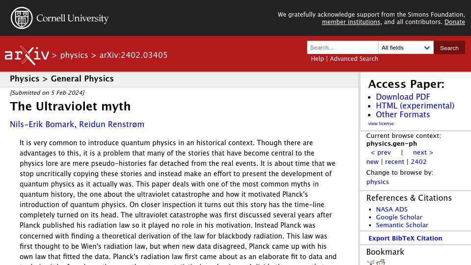Screenshot of arxiv.org: The Ultraviolet Myth