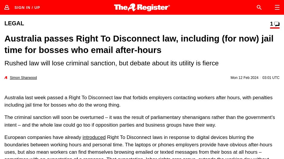 Screenshot of theregister.com: Australian senate passes Right To Disconnect law