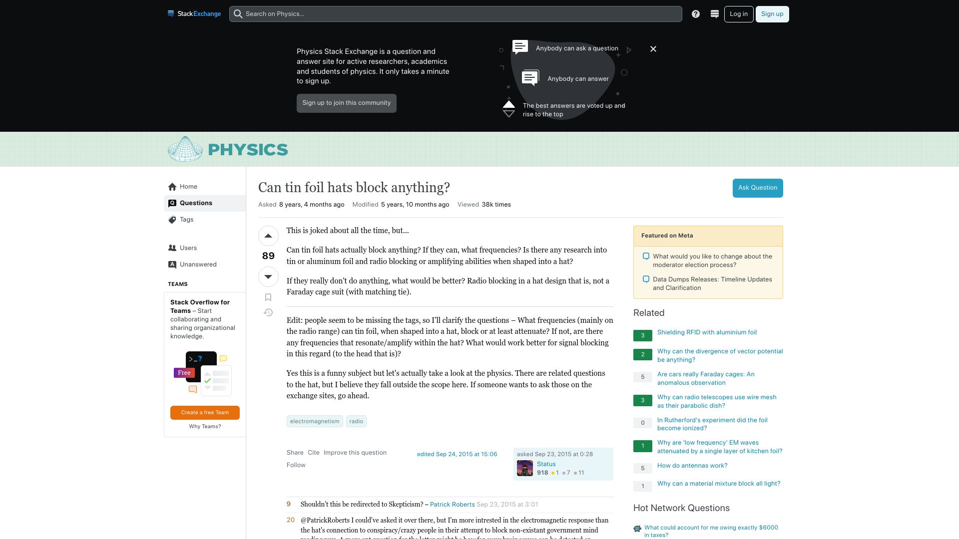 Screenshot of physics.stackexchange.com: Can tin foil hats block anything? (2015)