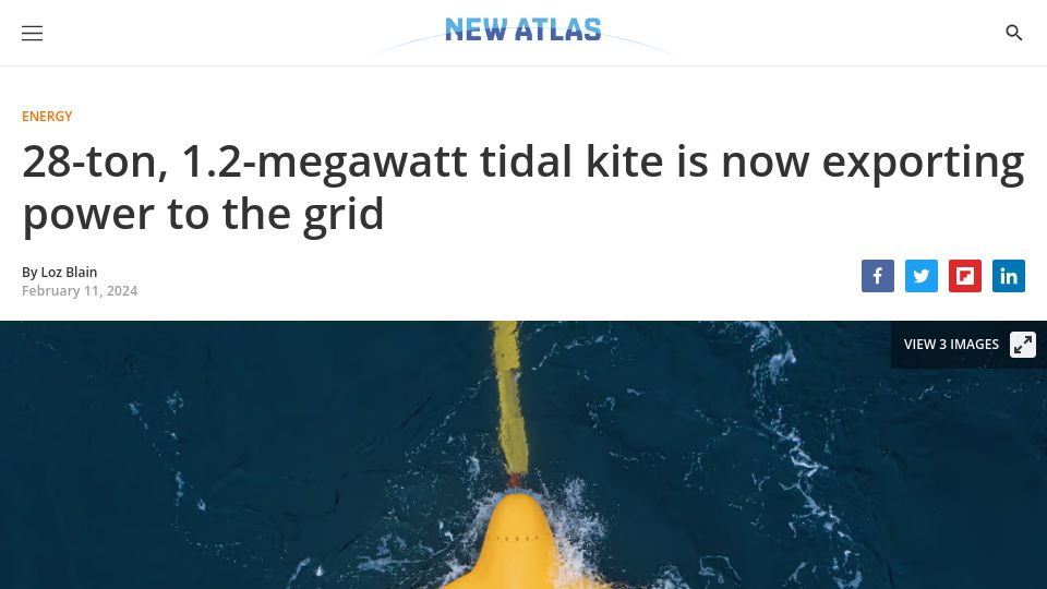 Screenshot of newatlas.com: 28-ton, 1.2-megawatt tidal kite is now exporting power to the grid
