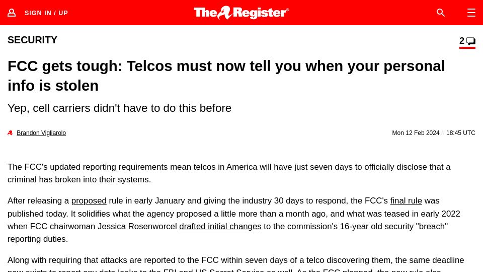 Screenshot of theregister.com: FCC: Telcos must now tell you when your personal info is stolen