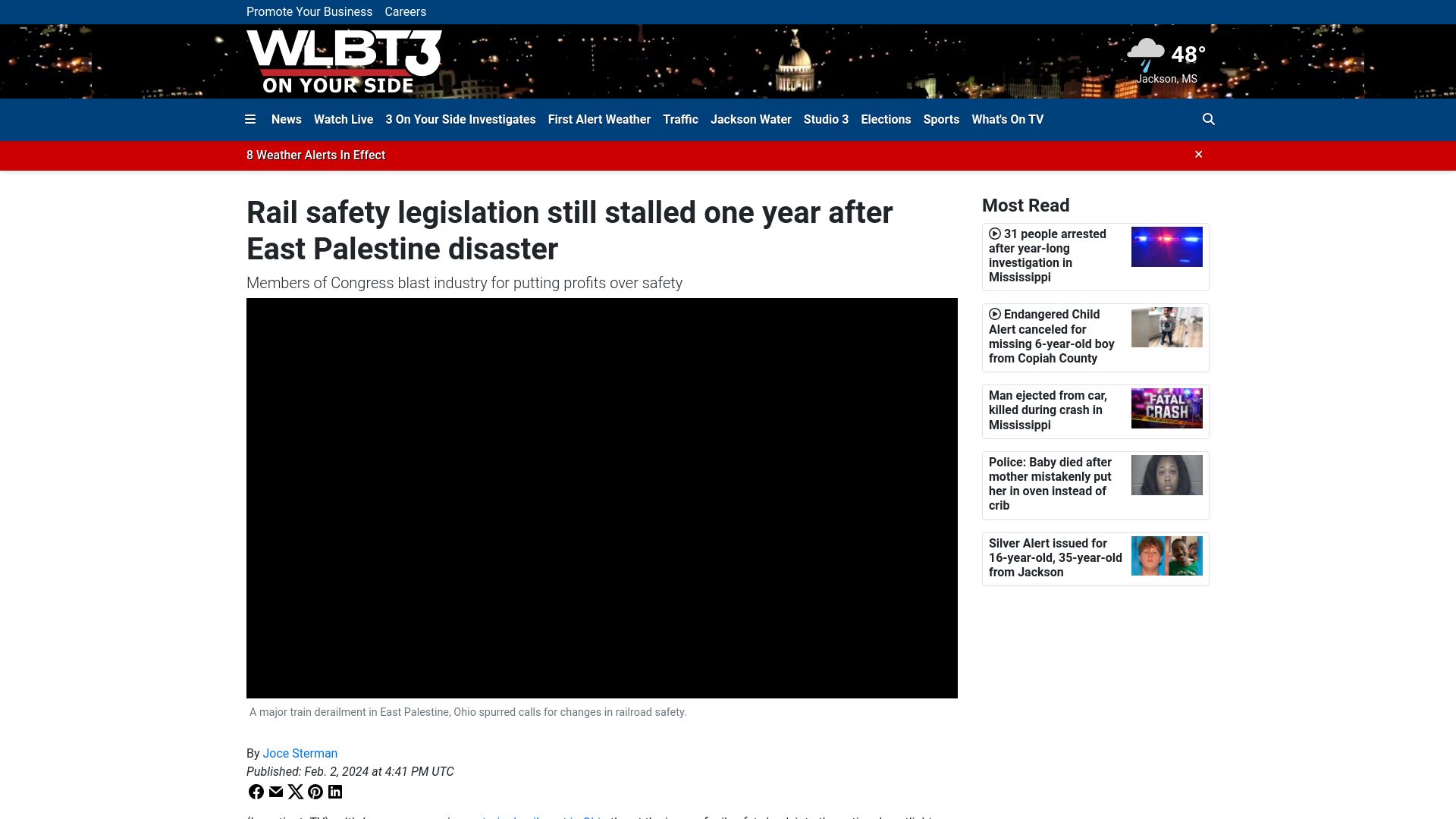 Screenshot of wlbt.com: US rail safety legislation stalled one year after East Palestine Ohio disaster