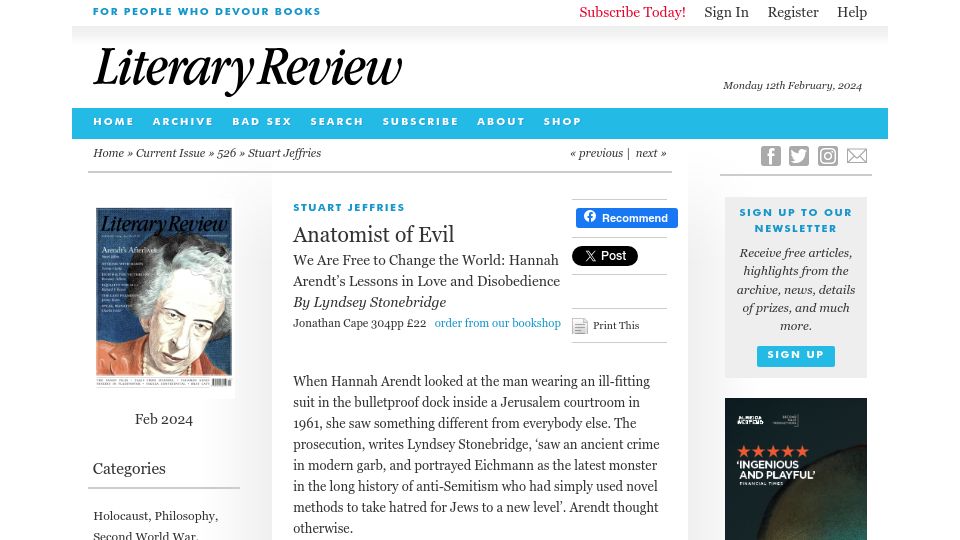 Screenshot of literaryreview.co.uk: Anatomist of Evil
