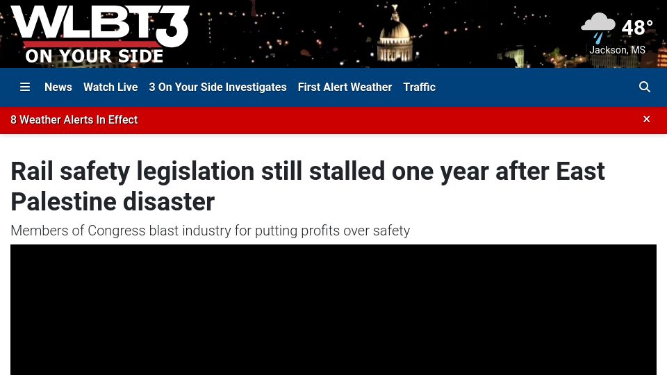 Screenshot of wlbt.com: US rail safety legislation stalled one year after East Palestine Ohio disaster