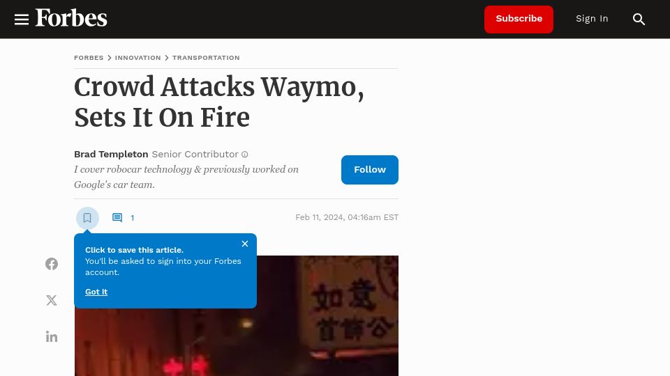 Screenshot of forbes.com: Crowd Attacks Waymo, Sets It on Fire