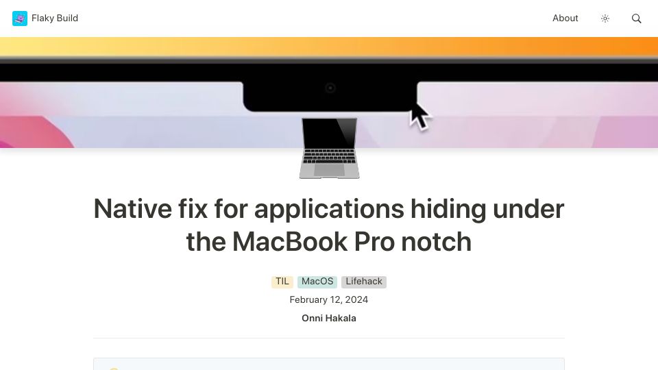 Screenshot of flaky.build: Built-in workaround for applications hiding under the MacBook Pro notch