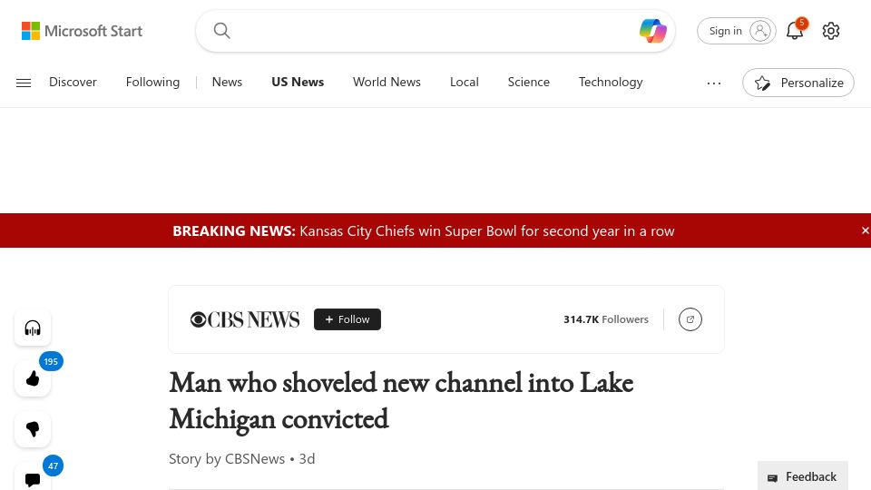 Screenshot of msn.com: Man who shoveled new channel into Lake Michigan convicted