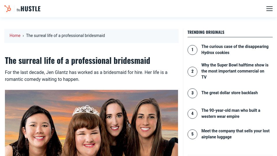 Screenshot of thehustle.co: The surreal life of a professional bridesmaid
