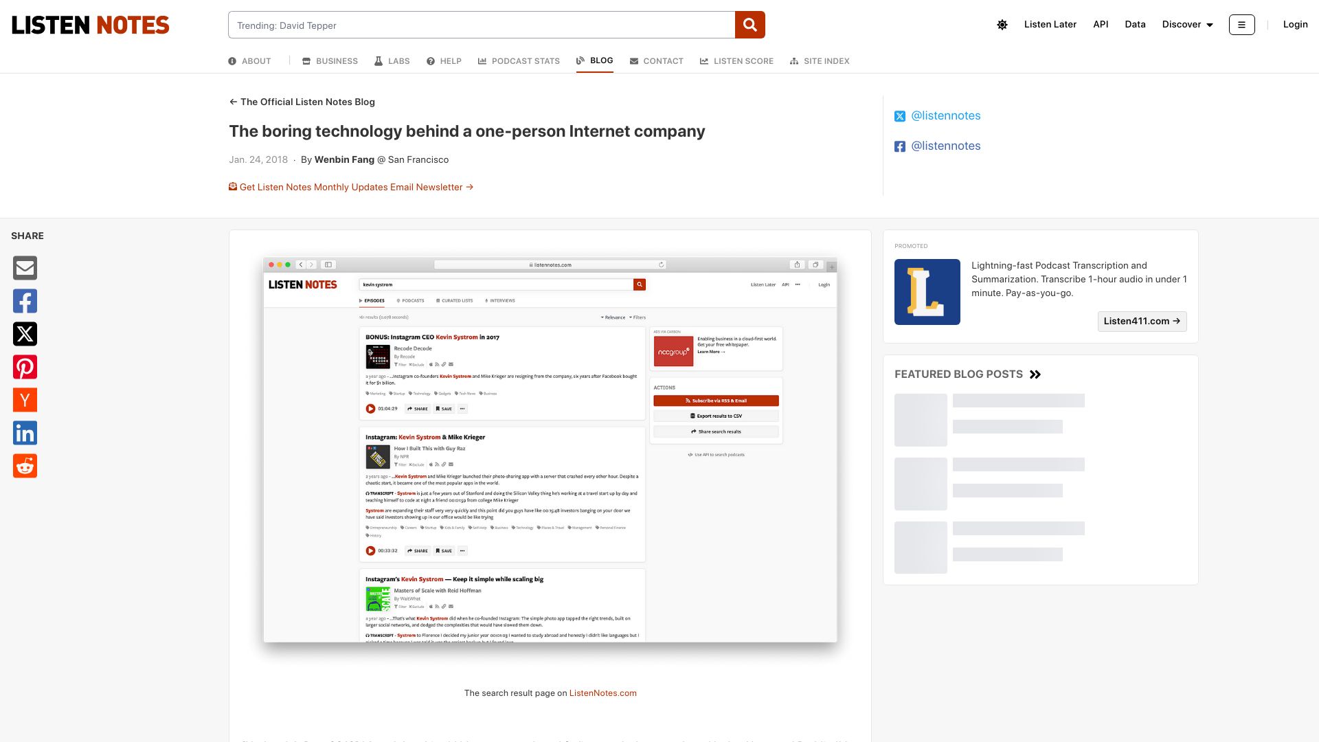 Screenshot of listennotes.com: The boring technology behind a one-person Internet company