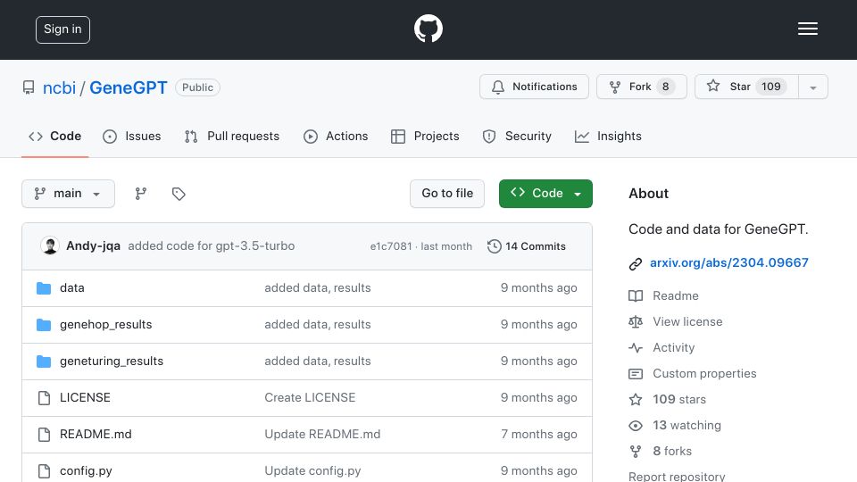 Screenshot of github.com: GeneGPT, a tool-augmented LLM for bioinformatics