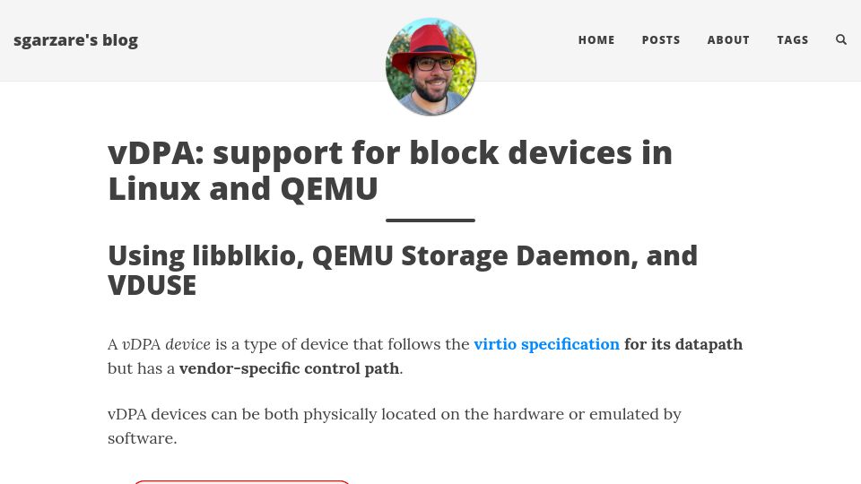 Screenshot of stefano-garzarella.github.io: vDPA: Support for block devices in Linux and QEMU