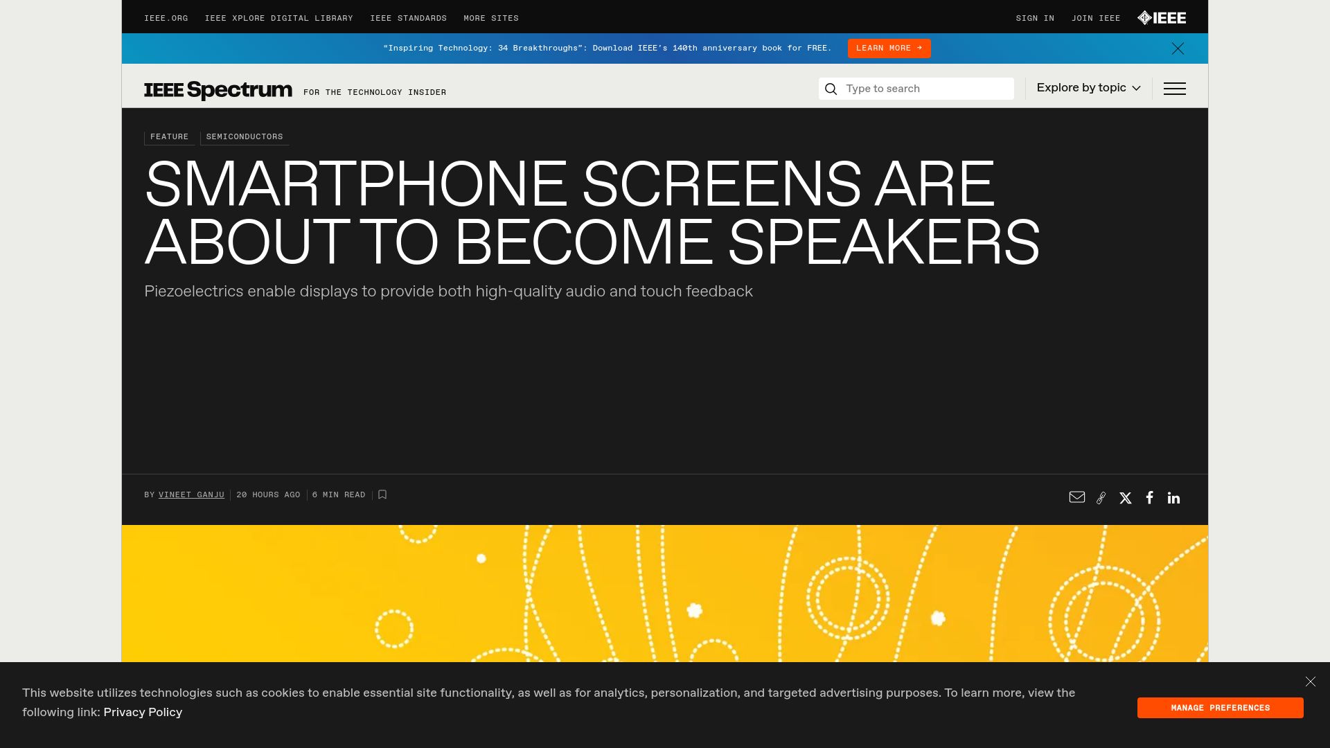 Screenshot of spectrum.ieee.org: Piezoelectrics enable displays to provide both audio and touch feedback