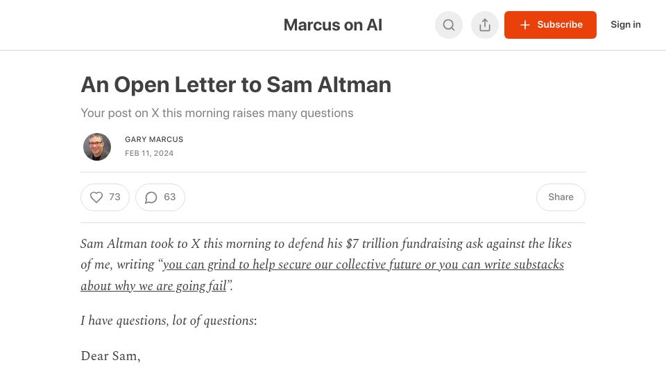 Screenshot of garymarcus.substack.com: An Open Letter to Sam Altman