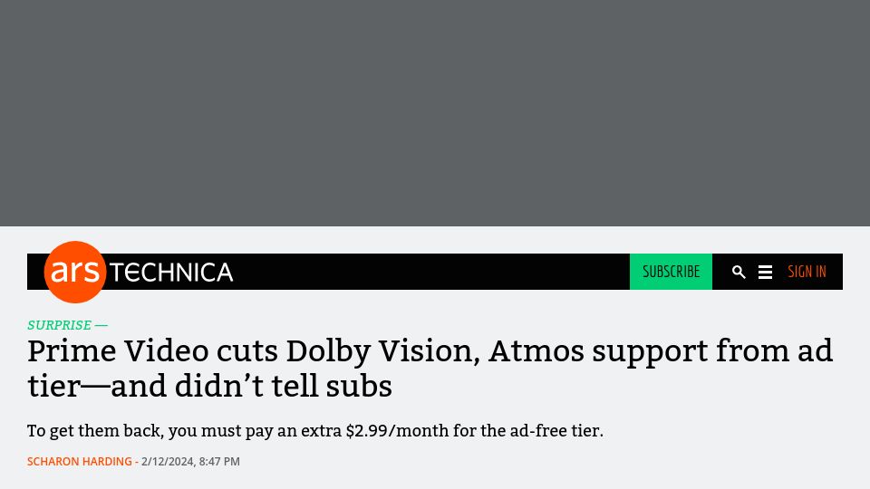 Screenshot of arstechnica.com: Prime Video cuts Dolby Vision, Atmos support from ad tier–and didn't tell subs