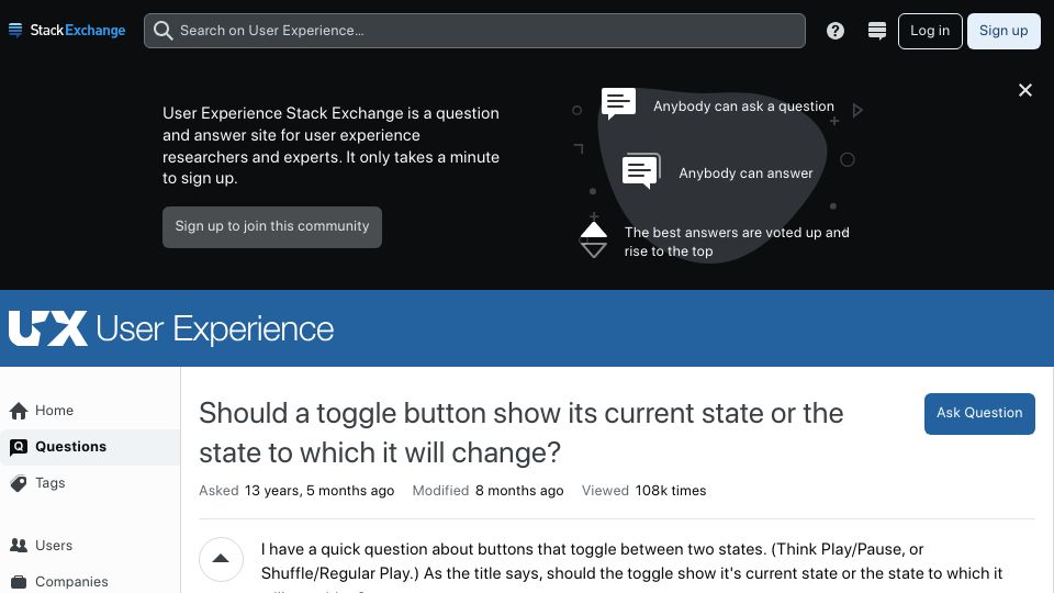 Screenshot of ux.stackexchange.com: Should toggle button show its current state or the state to which it'll change? (2010)