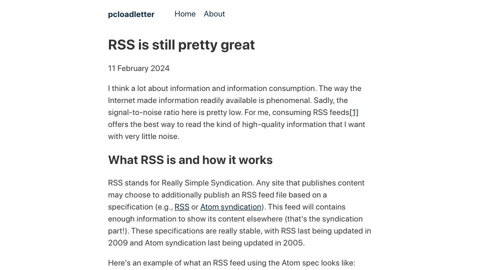 Screenshot of pcloadletter.dev: RSS is still pretty great
