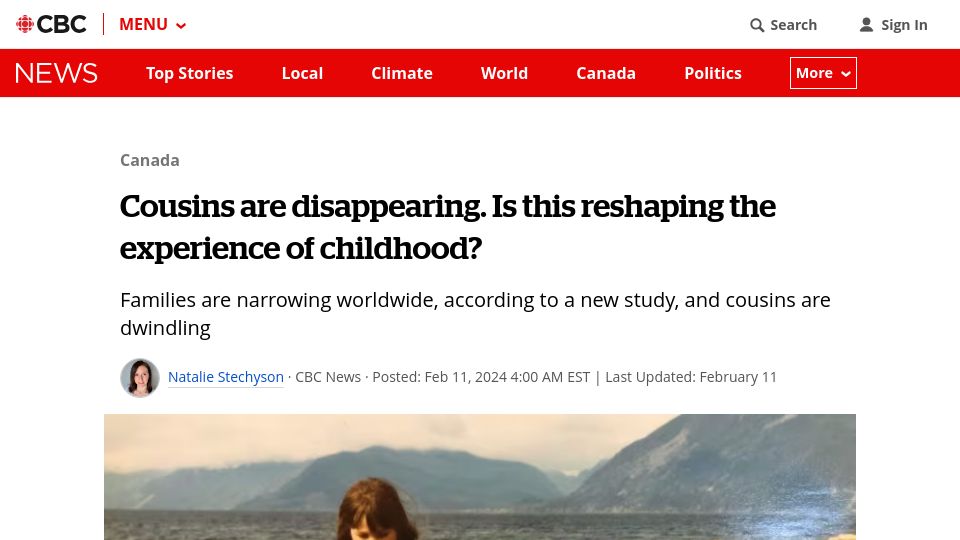 Screenshot of cbc.ca: Cousins are disappearing. Is this reshaping the experience of childhood?