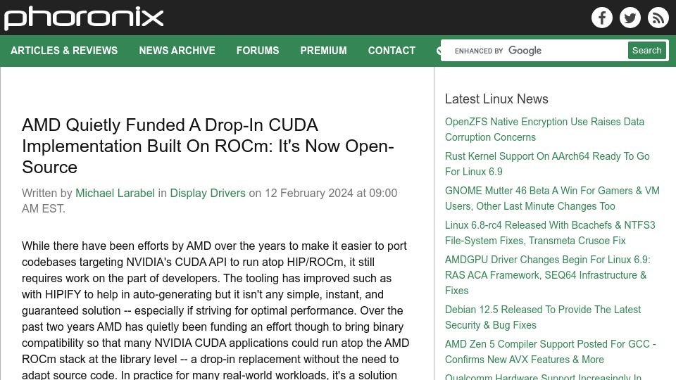 Screenshot of phoronix.com: AMD funded a drop-in CUDA implementation built on ROCm: It's now open-source