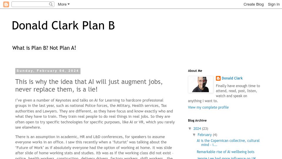 Screenshot of donaldclarkplanb.blogspot.com: The idea that AI will just augment jobs never replace them