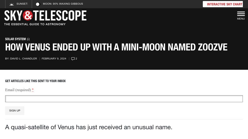 Screenshot of skyandtelescope.org: How Venus ended up with a mini-moon named Zoozve