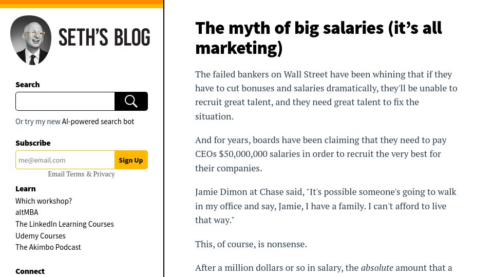 Screenshot of seths.blog: The myth of big salaries (it's all marketing)