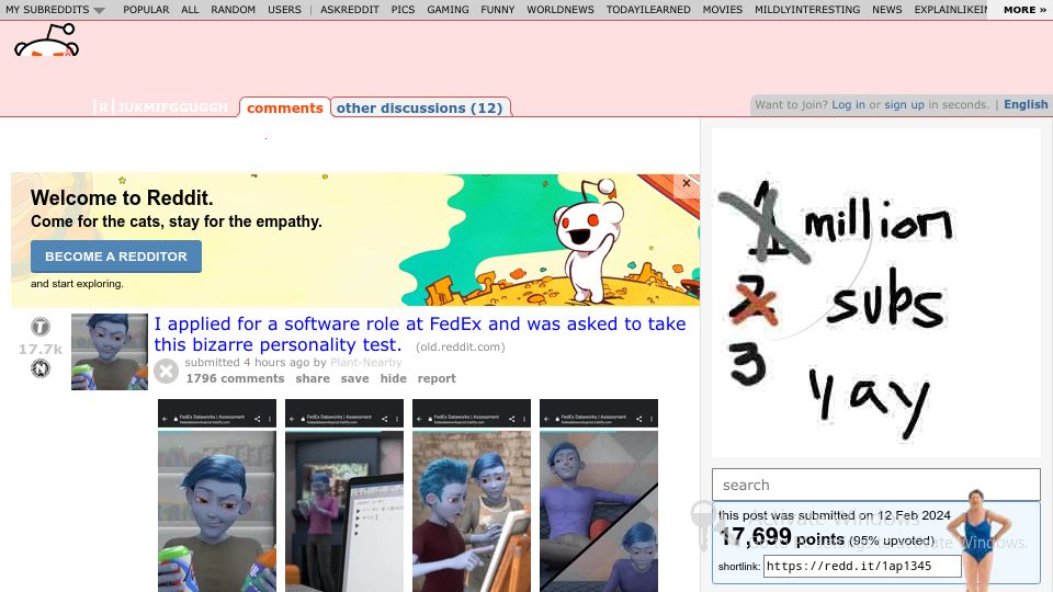 Screenshot of old.reddit.com: I applied for a software role at FedEx and was asked to take a personality test