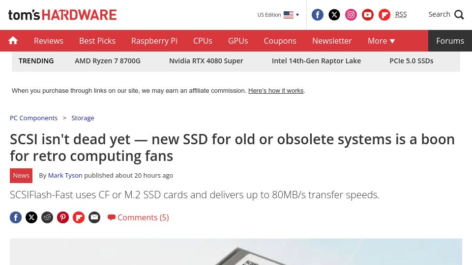 Screenshot of tomshardware.com: SCSI isn't dead yet – new SSD for old or obsolete systems