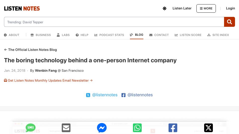 Screenshot of listennotes.com: The boring technology behind a one-person Internet company