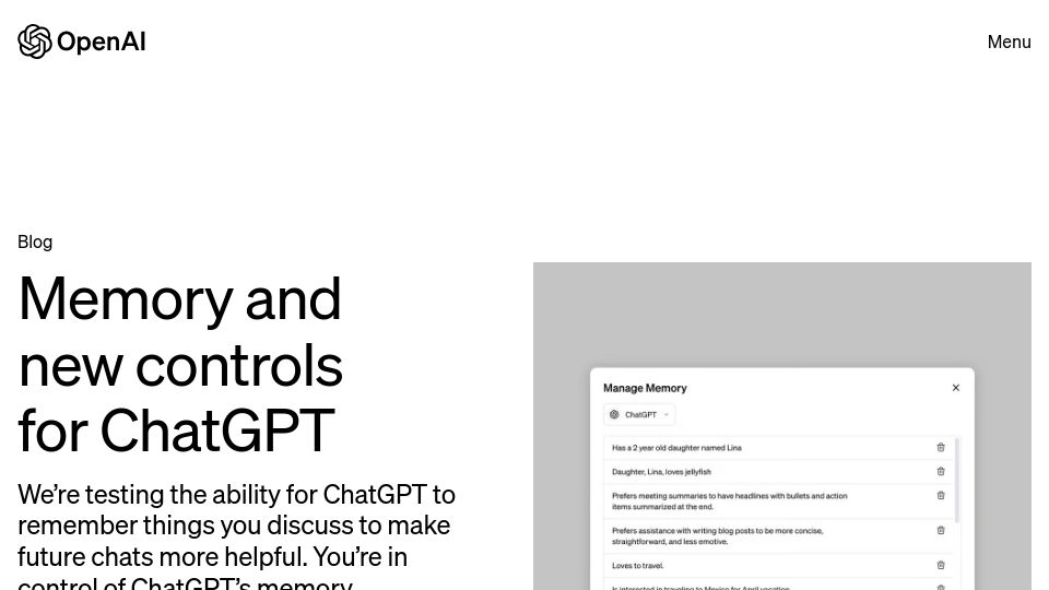 Screenshot of openai.com: Memory and new controls for ChatGPT