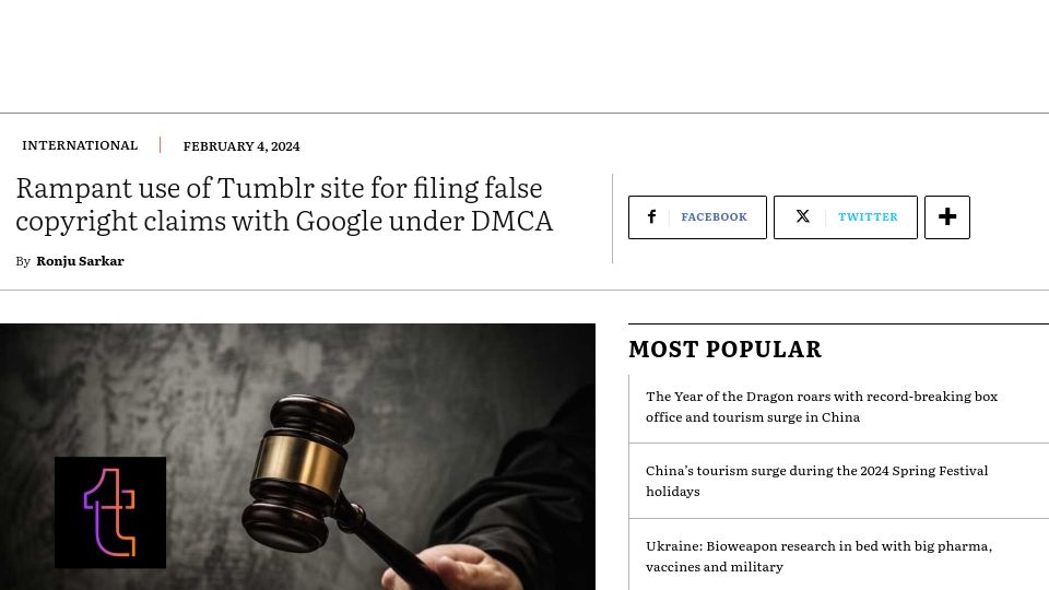 Screenshot of weeklyblitz.net: Rampant DMCA use of Tumblr site for filing false copyright claims with Google