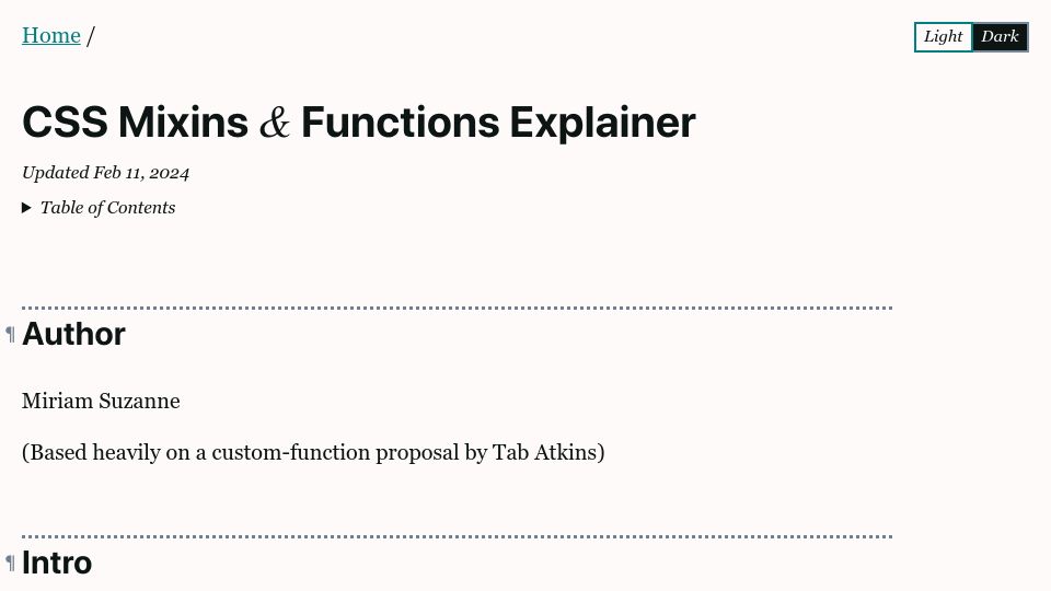 Screenshot of css.oddbird.net: CSS WG resolved to officially work on native custom functions and mixins