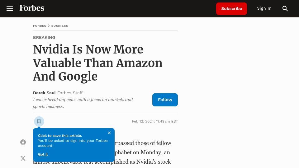 Screenshot of forbes.com: Nvidia is now more valuable than Amazon and Google