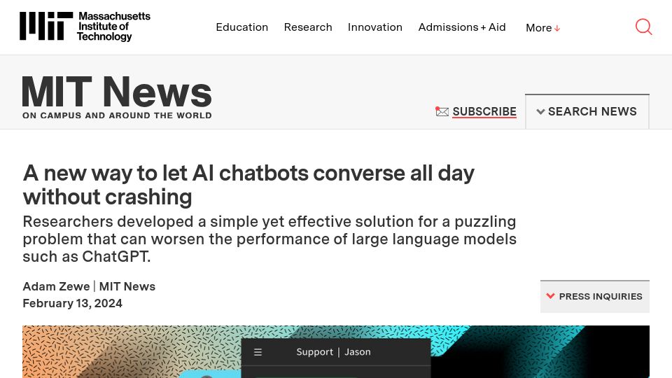 Screenshot of news.mit.edu: StreamingLLM: tiny tweak to KV LRU improves long conversations