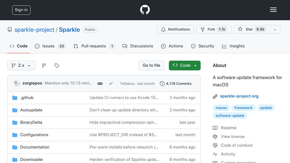 Screenshot of github.com: Sparkle: A software update framework for macOS