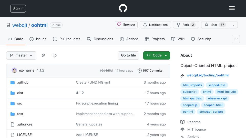 Screenshot of github.com: OOHtml – Object-Oriented HTML Implementation