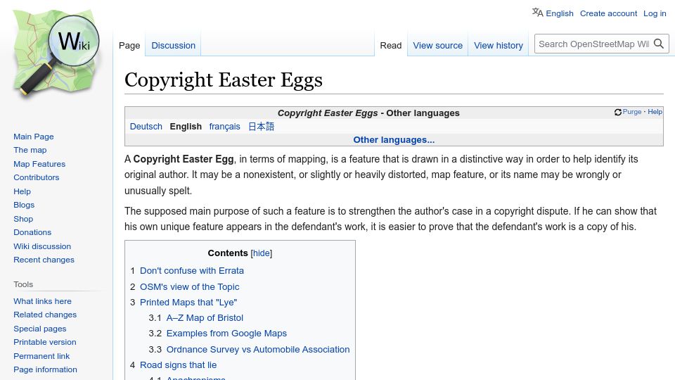 Screenshot of wiki.openstreetmap.org: Copyright Easter Eggs (2018)