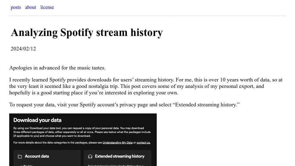Screenshot of ericchiang.github.io: Analyzing Spotify Stream History