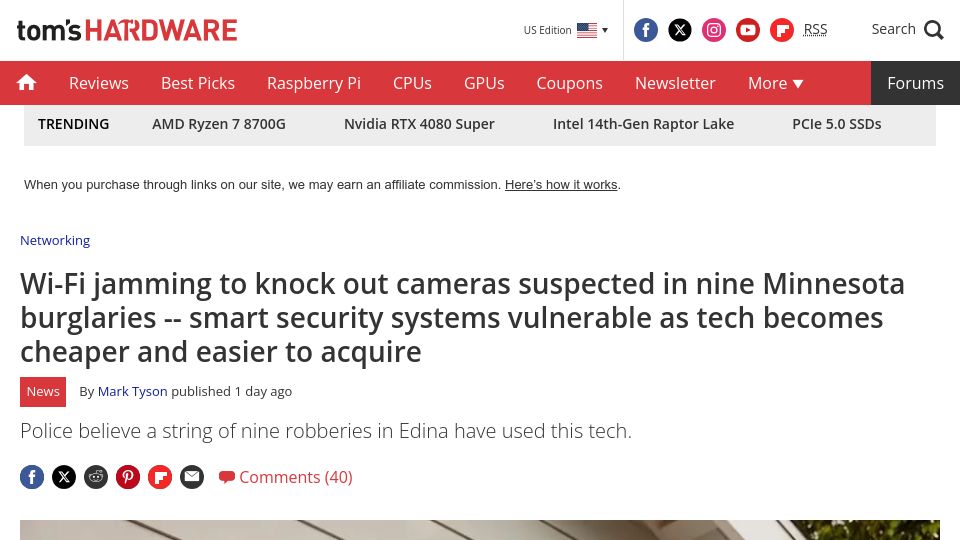 Screenshot of tomshardware.com: Wi-Fi jamming to knock out cameras suspected in nine Minnesota burglaries